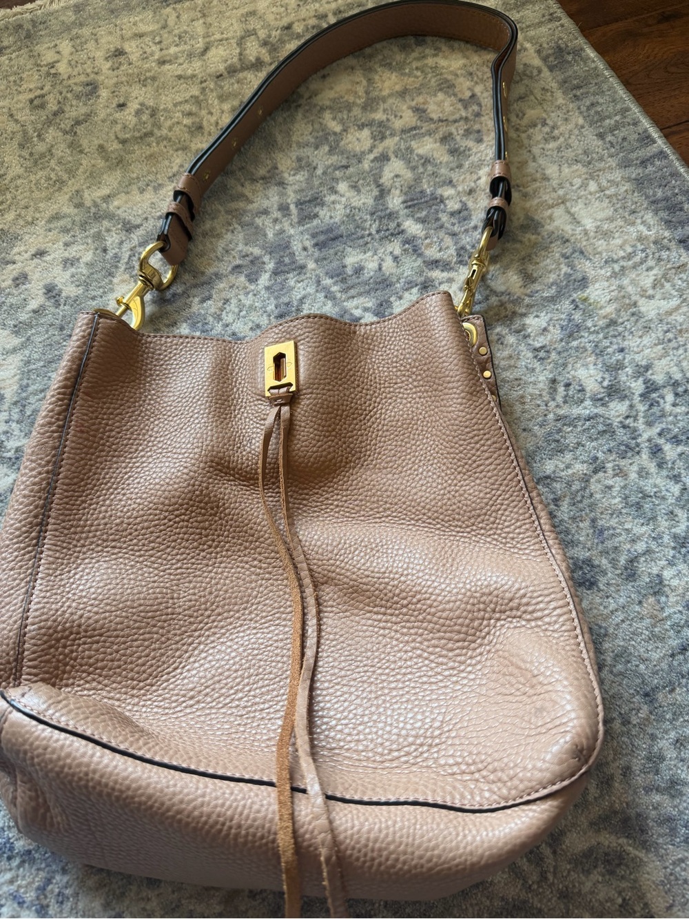Rebecca Minkoff Darren Shoulder Bag in Beige Pebbled Leather and Gold hardware